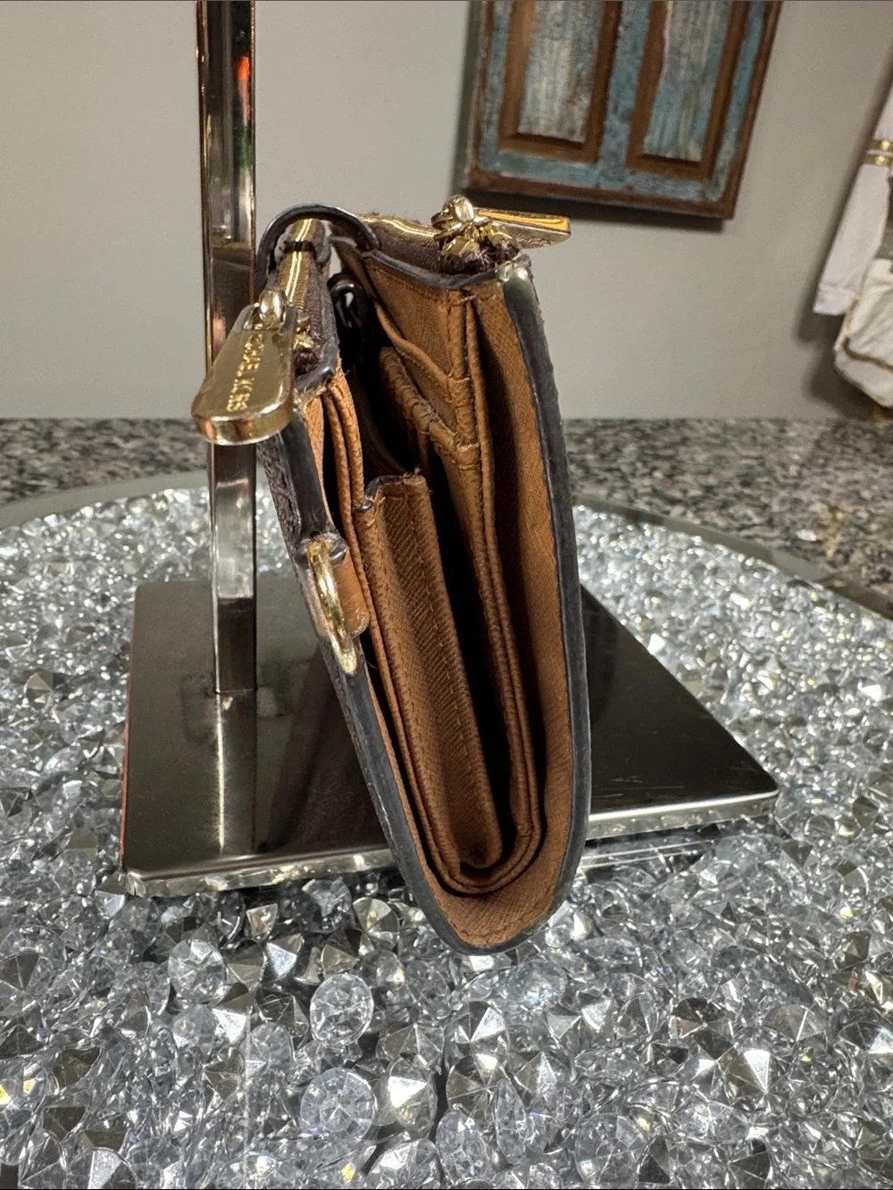 Michael Kors large Brown Signature MK Zip Wristlet with Gold Logo EUC